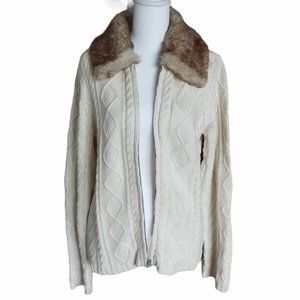 Liz Claiborne soft cream cable double zip cardigan detachable collar size M